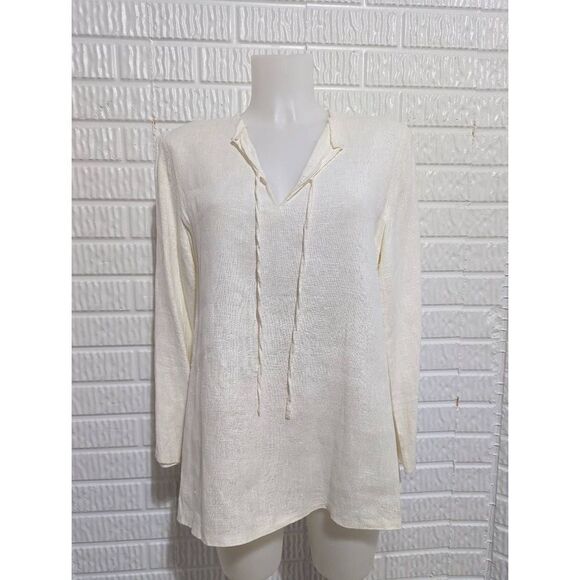 Harve Benard Women's Small Cream Linen Tie-Split Neck Tunic Top - Picture 1 of 5